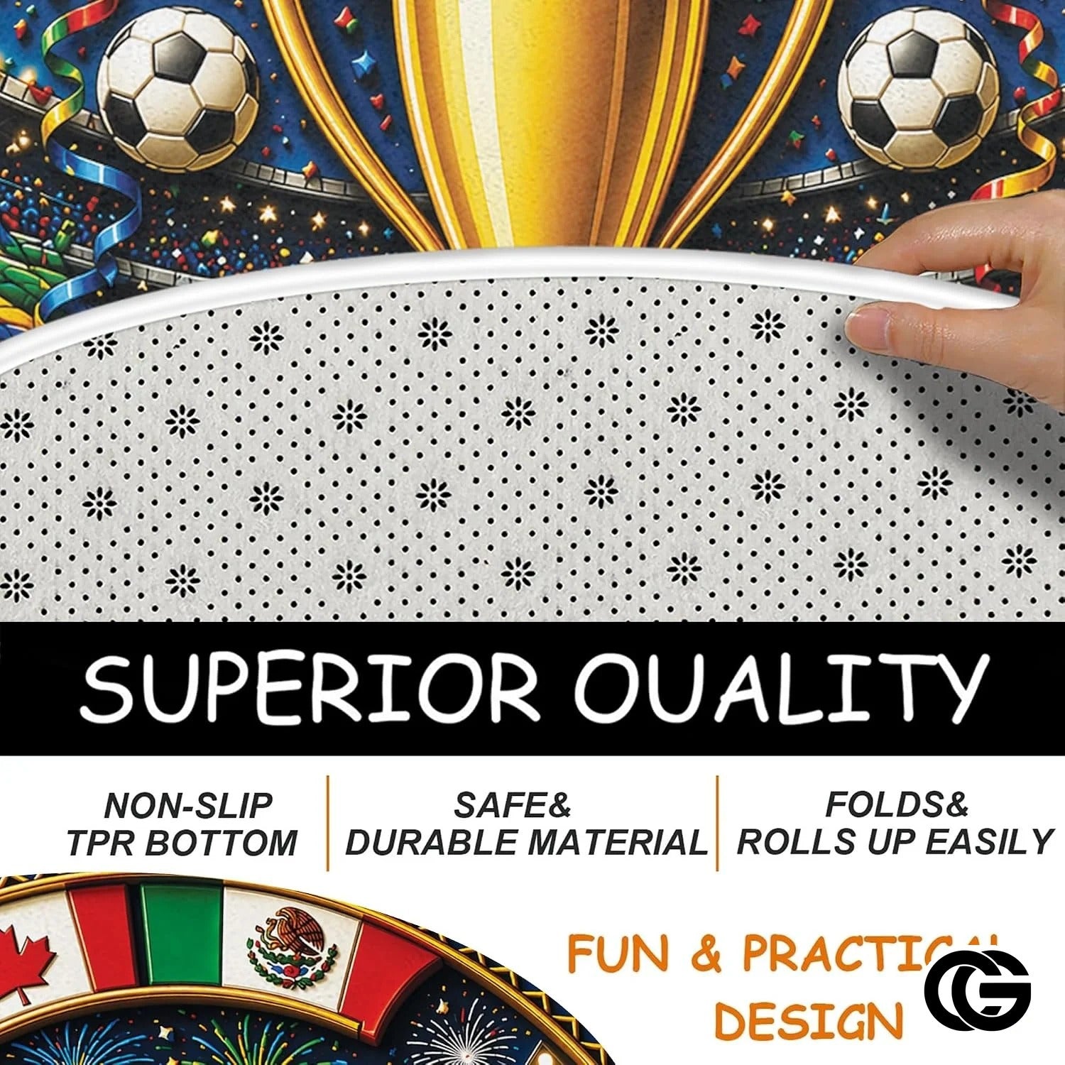 Custom Soccer Round Rug with Championship Trophy and World Flags - D7