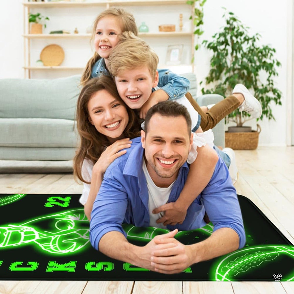 Gaming room layout displaying the neon green football rug centered on hardwood flooring - image 5 of 7