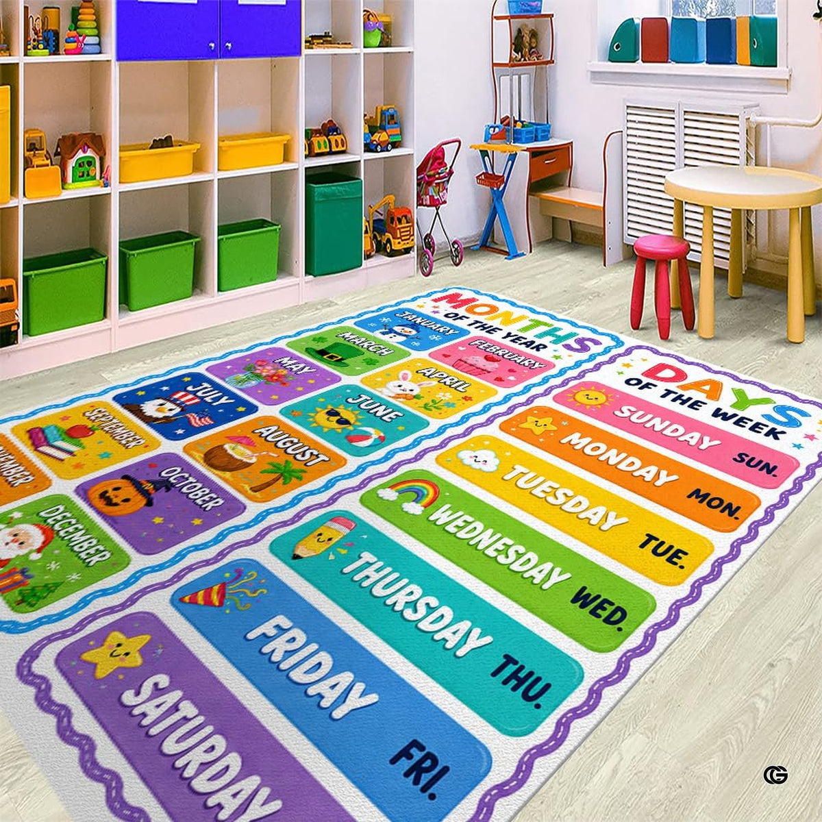 Educational calendar floor rug displayed in a bright children play area styled with modern wooden toys.