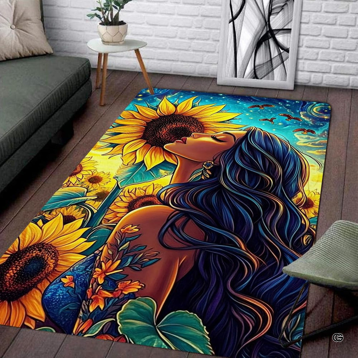 Close-up of vibrant gold blooms and starlit sky artwork on an artistic botanical area rug.