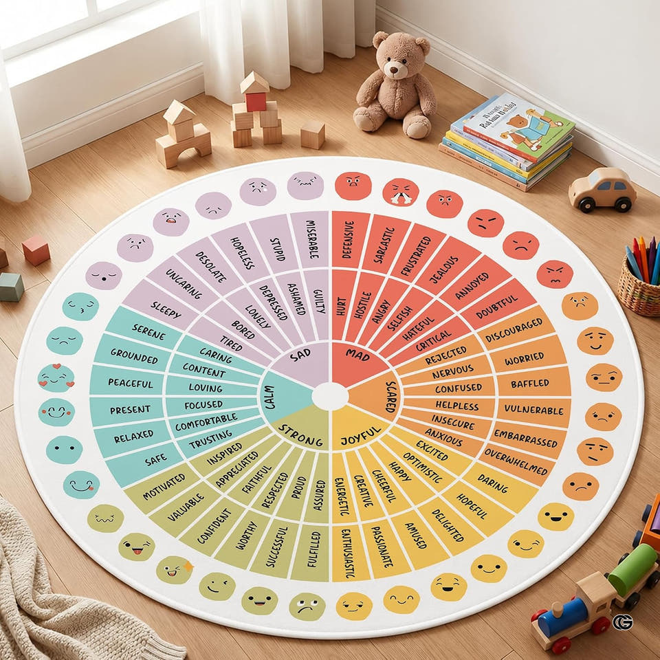 Concentric mood wheel educational kids circular area rug in primary perspective