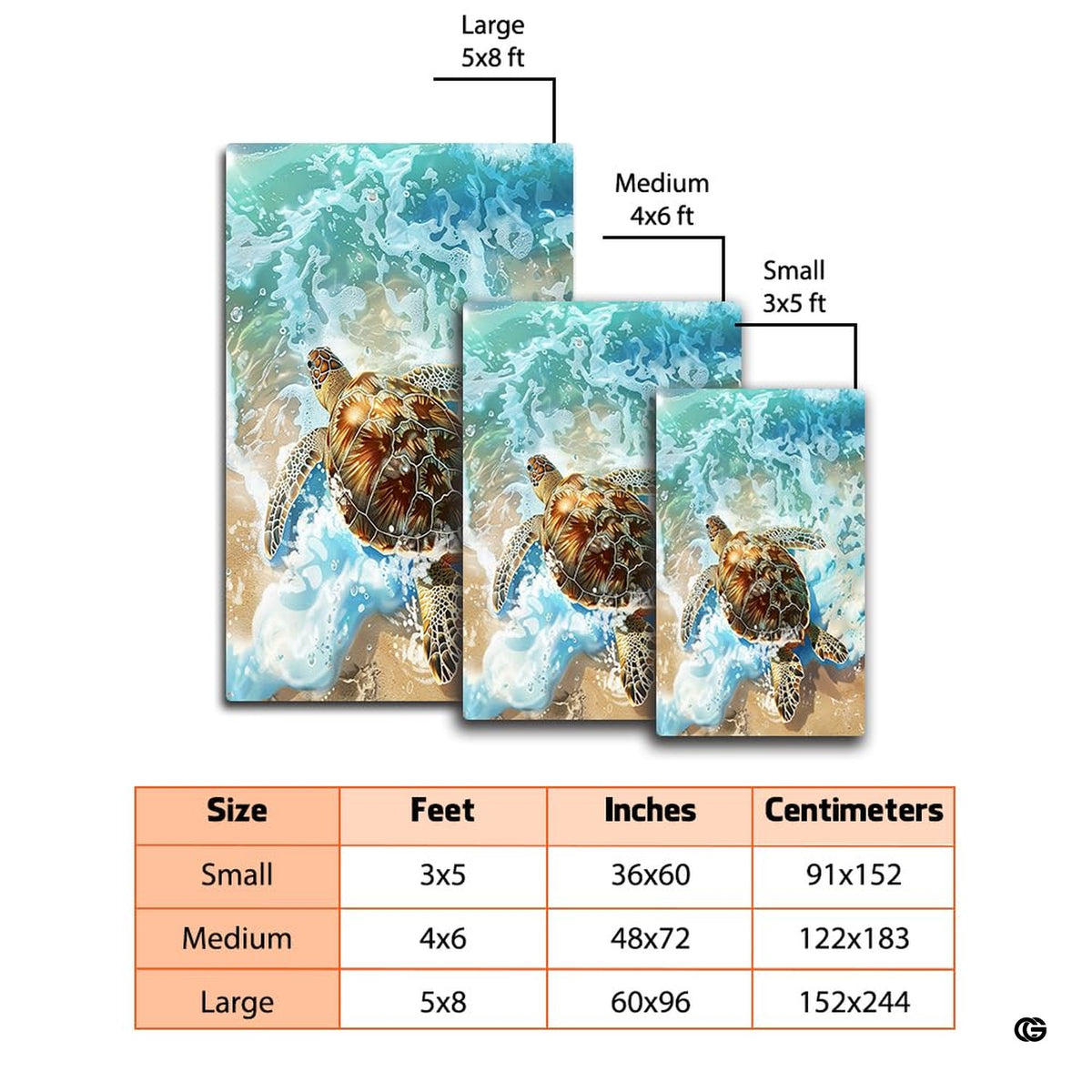 Dimension chart displaying size options for beach sea turtle area rug.