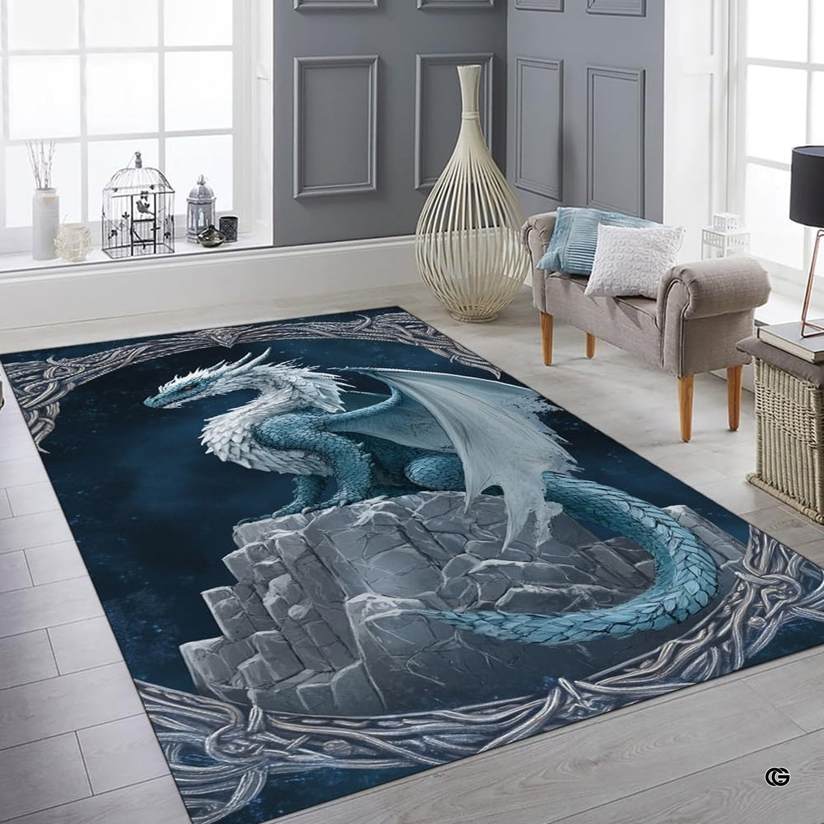 Cozy bedroom setting with the mythical dragon rug placed beside a wooden bed frame - image 6 of 7