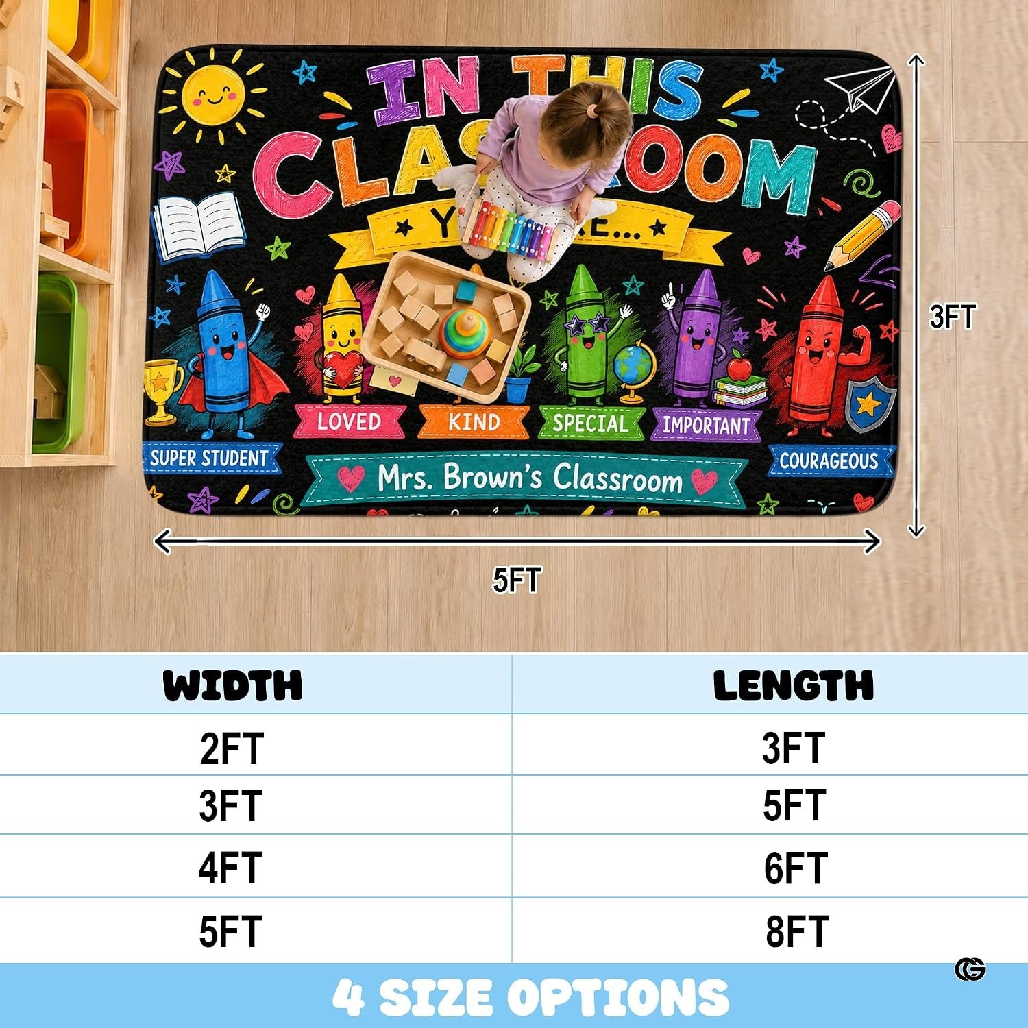 Personalized Teacher Classroom Rug, Custom Back to School Welcome Mat with Name, Kindergarten Preschool Elementary Decor, Composition Notebook Carpet (A13)