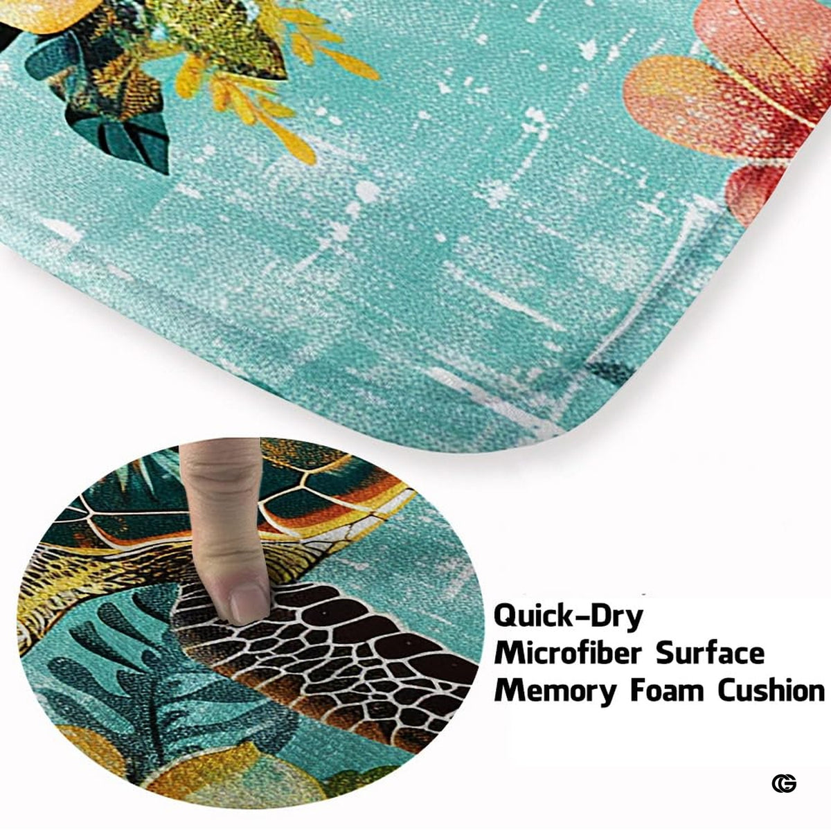 Close up texture detail showing soft pile surface and stitching of sea turtle area rug.