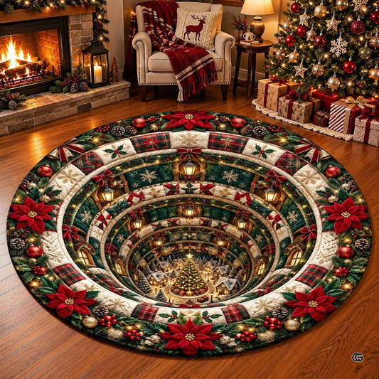 Circular holiday vortex village round area rug showing 3D tunnel motif with poinsettias and pine garlands.
