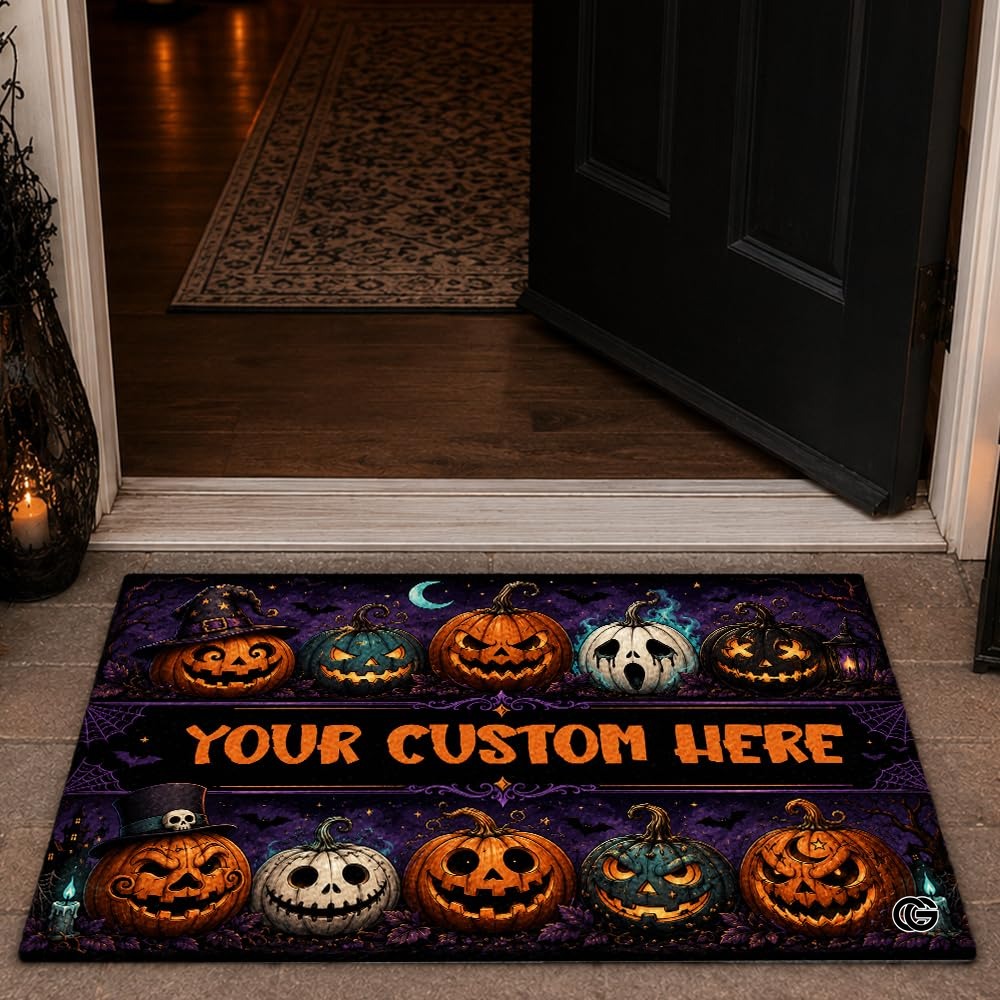 Halloween Door Mat Outdoor, Custom Spooky Welcome Mat with Black Cat and Pumpkin, Fall Front Door Mat for Porch Entryway Decor #3