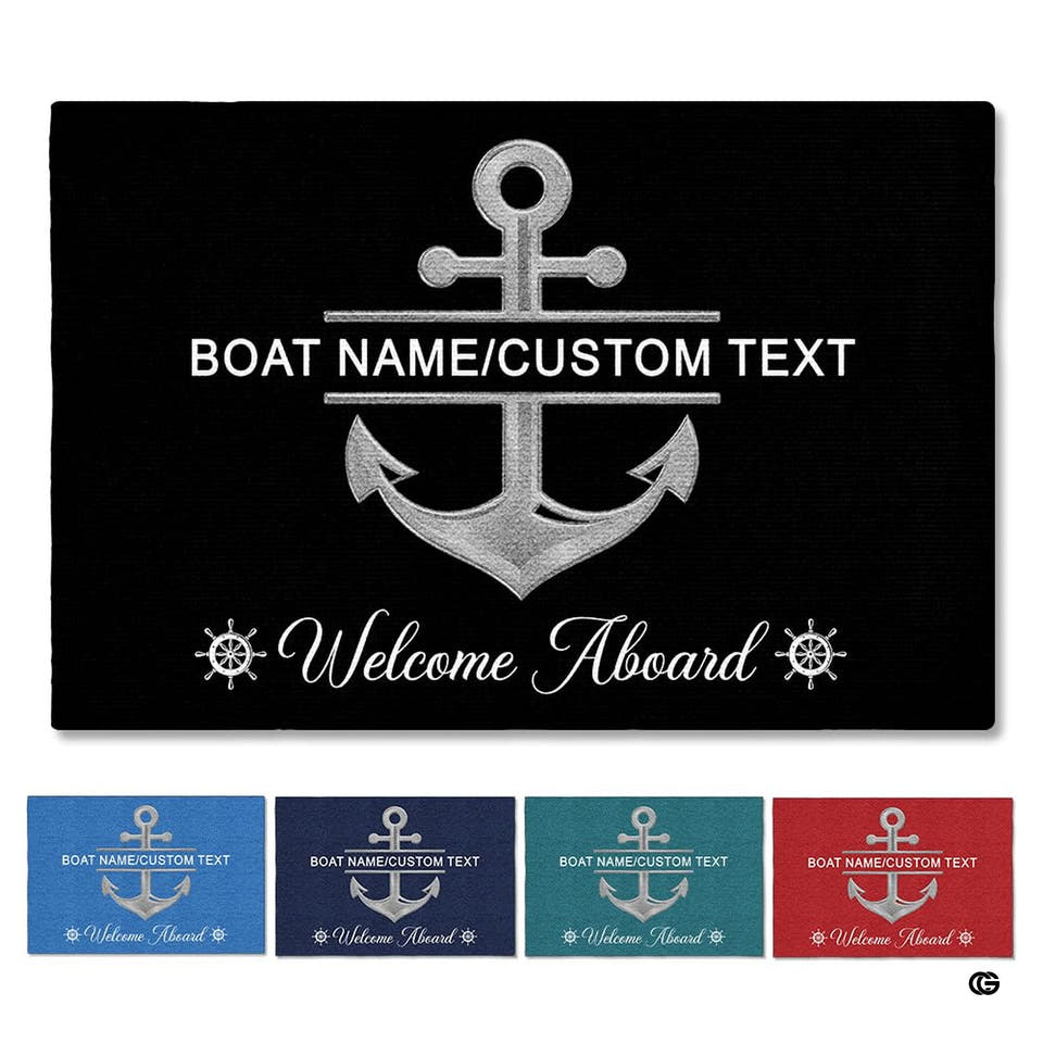 Personalized Nautical Doormat with Boat Name & Location – Custom Anchor Welcome Mat for Fishing Boat, Yacht, or Dock – Outdoor Indoor Floor Rug for Cabin, Ship (Nautical 04)