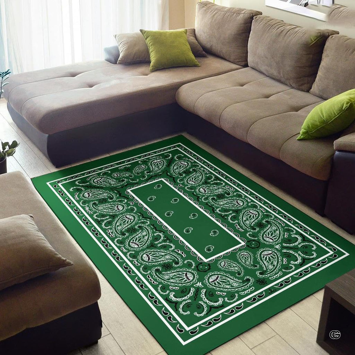 Overhead perspective of green bandana rug highlighting intricate monochrome scrollwork and medallion layout.