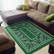 Overhead perspective of green bandana rug highlighting intricate monochrome scrollwork and medallion layout. - thumbnail image 2 of 9