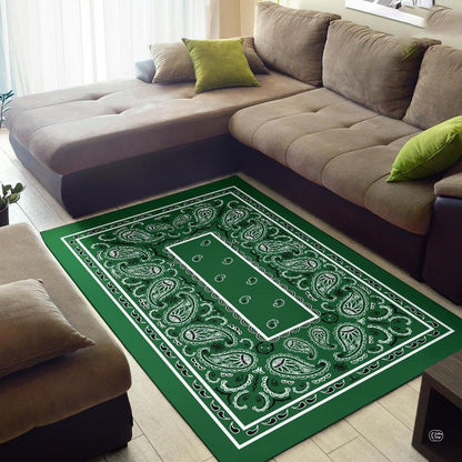 Overhead perspective of green bandana rug highlighting intricate monochrome scrollwork and medallion layout. - thumbnail image 2 of 9