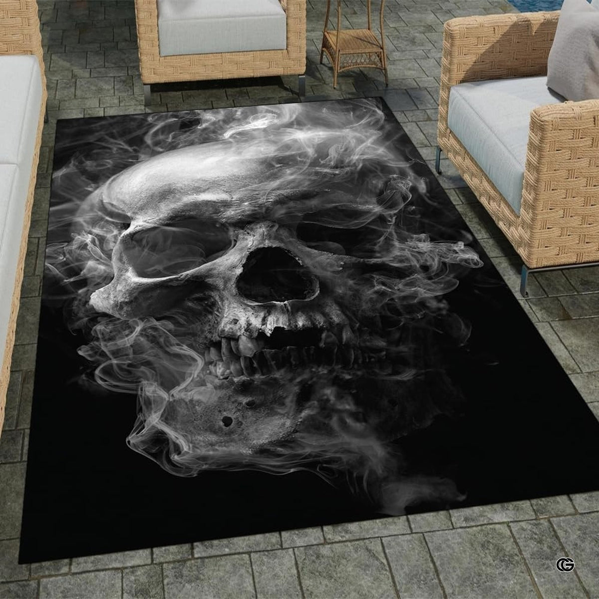 Sunlit living space mockup showcasing the 3D smoke skull rug laid flat between furniture