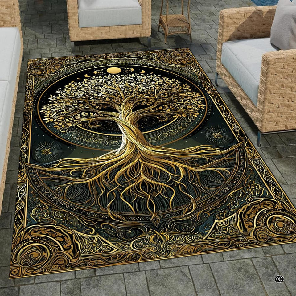 Patio stone lounge with wicker seating displaying the celestial gold Tree of Life area rug