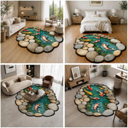 Custom Japanese Koi Fish Shaped Area Rug, Personalized 3D Optical Illusion Koi Pond Lotus Non Slip Washable Shaped Floor Mat, Fish Pond Rugs for Bedroom Living Room Decor (1, D4)