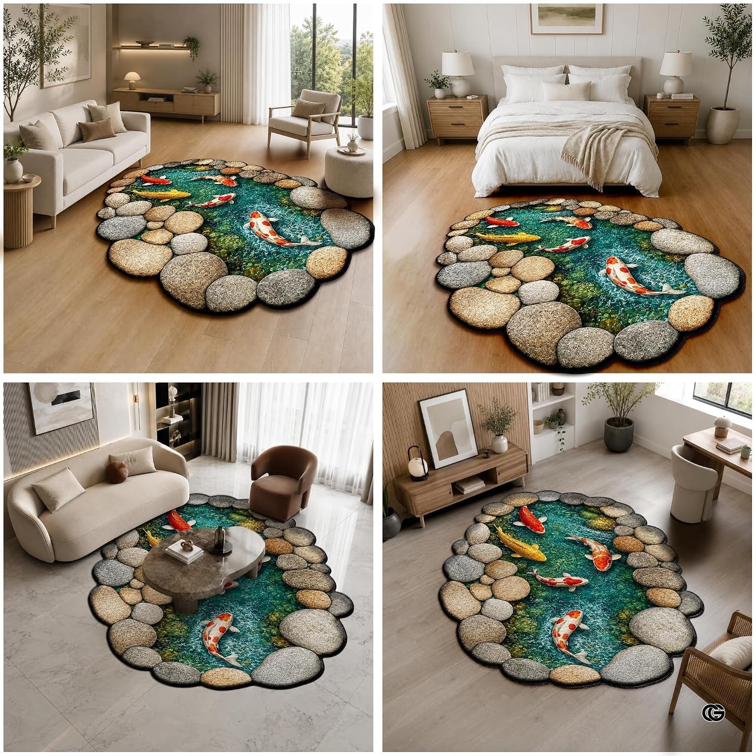 Custom Japanese Koi Fish Shaped Area Rug, Personalized 3D Optical Illusion Koi Pond Lotus Non Slip Washable Shaped Floor Mat, Fish Pond Rugs for Bedroom Living Room Decor (1, D4)