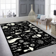 Floor layout view showing the complete monochrome gothic pattern of skulls, mushrooms, and moths - thumbnail image 2 of 8