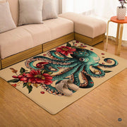 Teal octopus floral area rug styled on hardwood flooring in living room. - thumbnail image 4 of 7