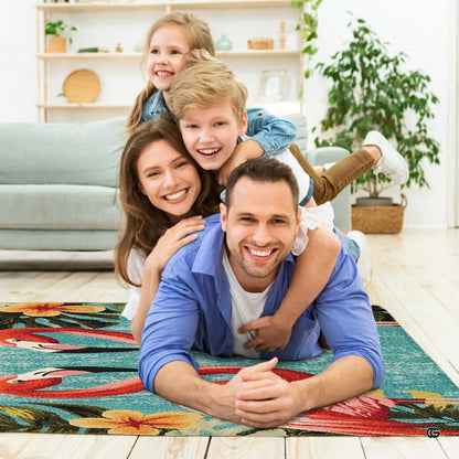 Living room arrangement showing the tropical turquoise flamingo pair rug on wooden floor - thumbnail image 5 of 7
