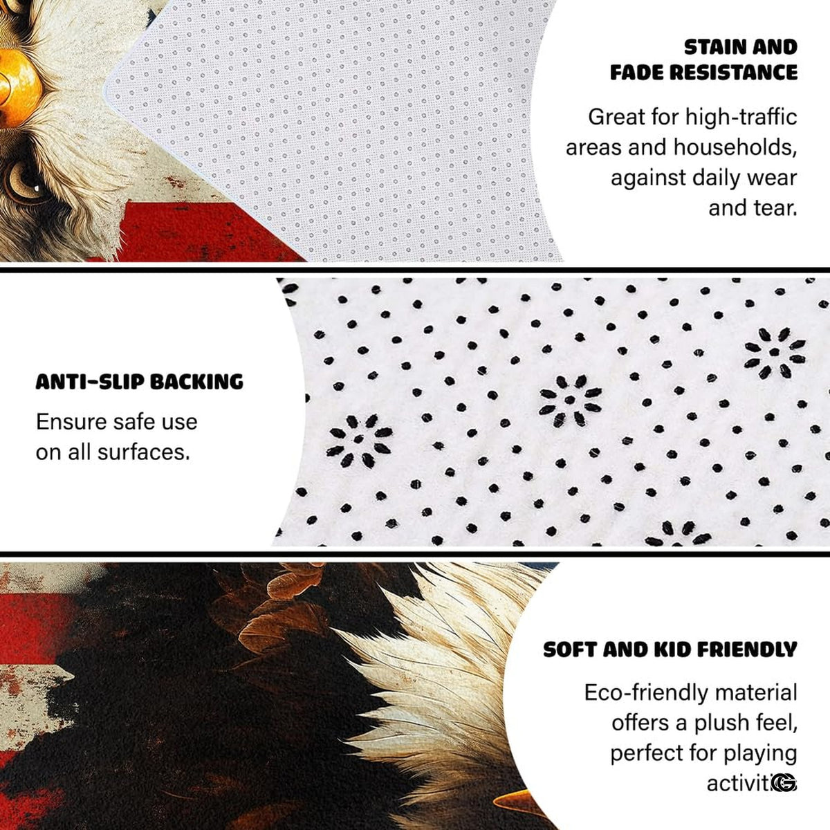 Anti-slip dot backing and hemmed edge stitching on American eagle rug - image 4 of 7