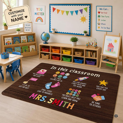 Classroom setting with activity tables and bookshelves displaying the wood grain affirmations area rug - thumbnail image 1 of 8