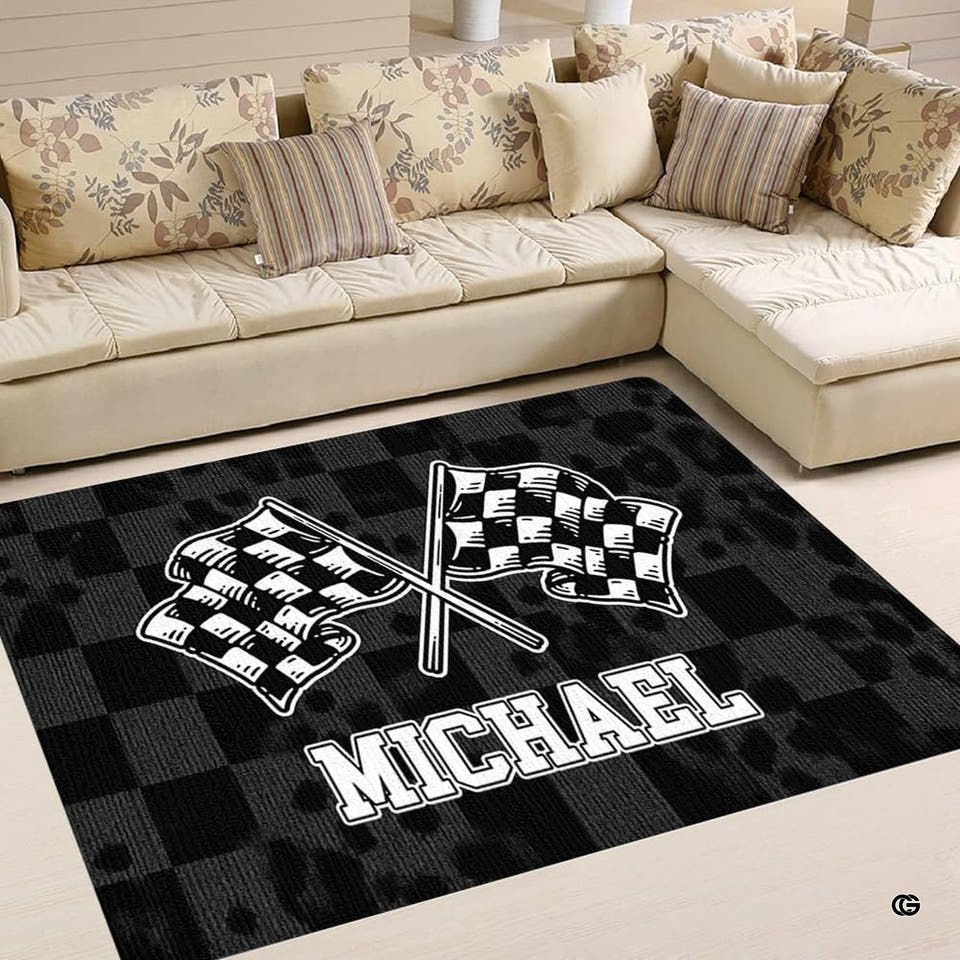 Personalized Racing Area Rug with Name – Custom Checkered Flag Sport Rug for Game Room, Garage, Living Room, Patio – Non-Slip Race Car Track Mat (Racing Rug 02)