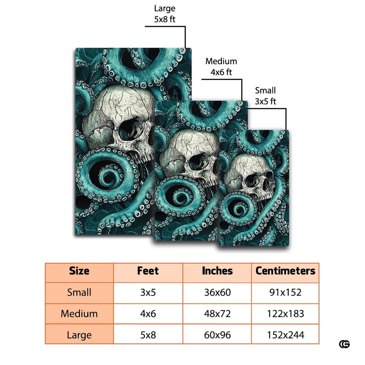 Gothic skull kraken octopus marine carpet displayed in cozy living room interior