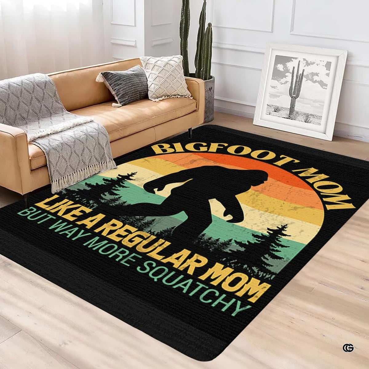 Modern lounge interior with leather couch and cactus featuring vintage bigfoot mom sunset rug - image 2 of 5