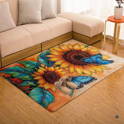 Overhead artistic perspective of sunflower petals and blue butterfly wings in a living space setting. - thumbnail image 7 of 7