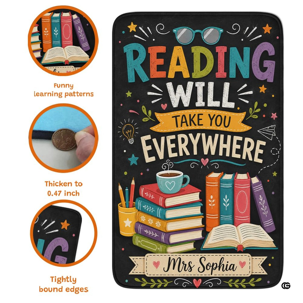 Detailed view of soft pile corner and colorful book illustrations on area rug.