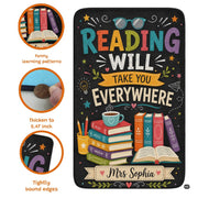 Detailed view of soft pile corner and colorful book illustrations on area rug. - thumbnail image 7 of 7