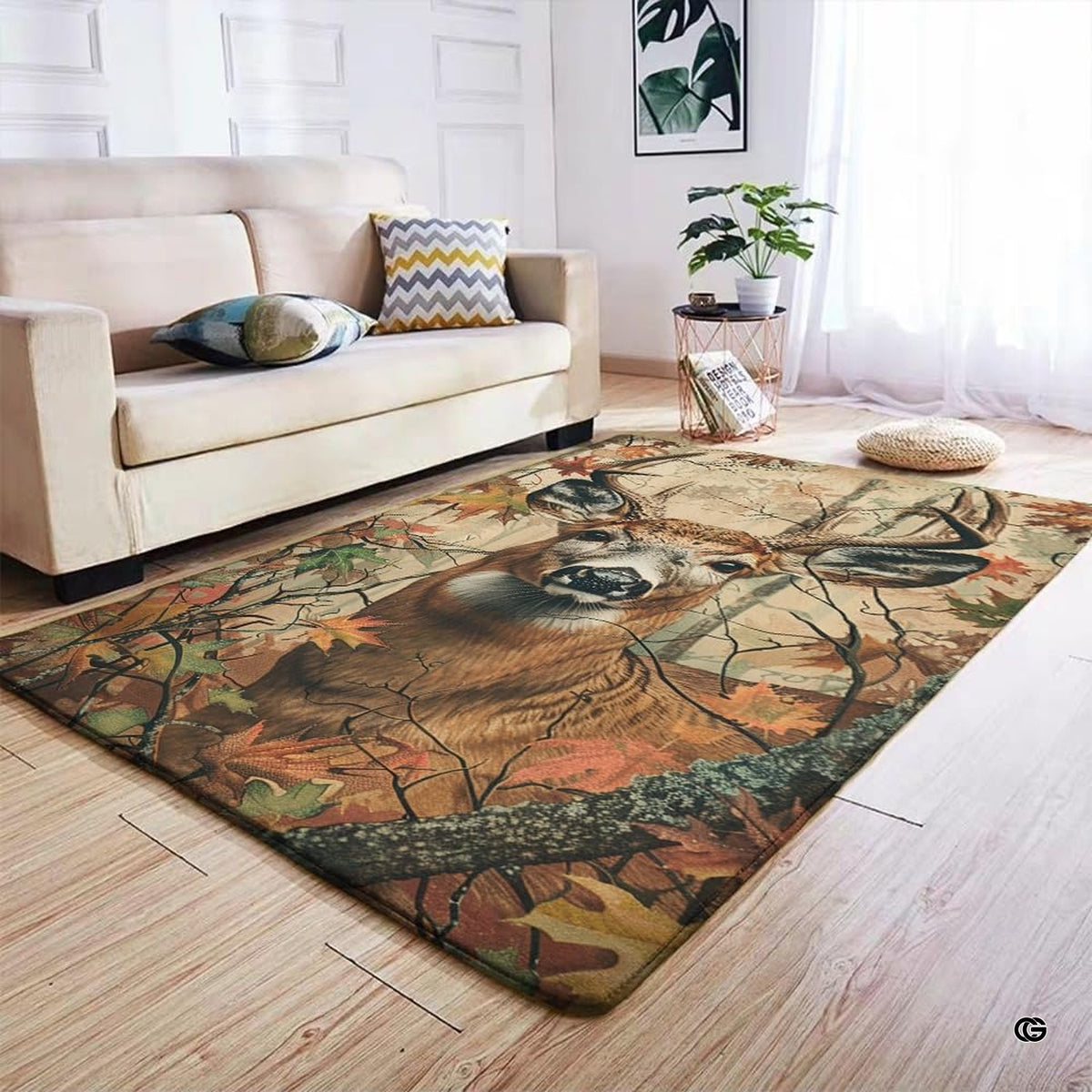 Close-up detail of illustrated stag antlers on a woodland themed rug.