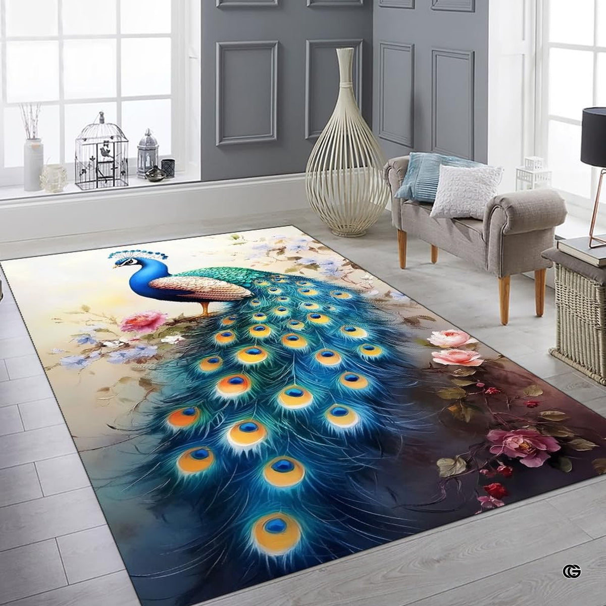 Close up view of watercolor floral petals and vivid peacock tail feather plumage. - image 6 of 8
