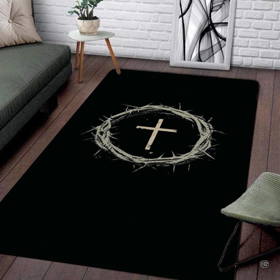 Crown of thorns Christian cross minimalist black area rug in primary perspective