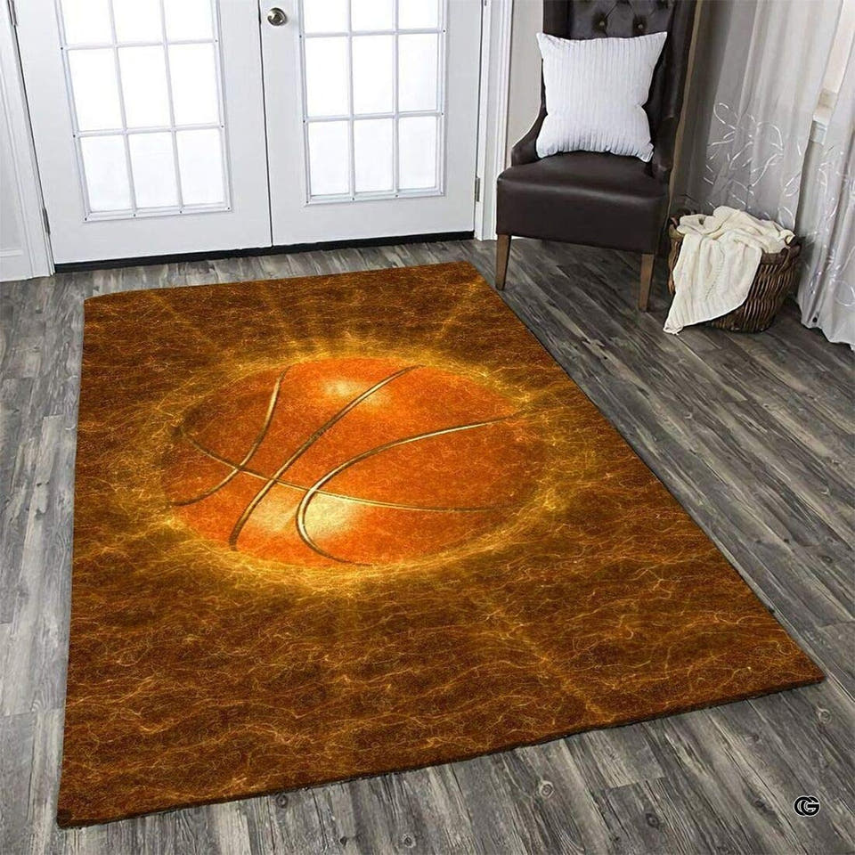 Fiery basketball area rug centered in a modern room layout