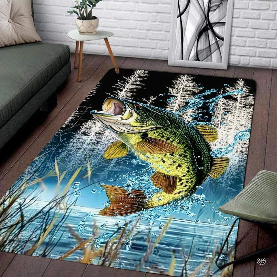 Jumping largemouth bass area rug showing midnight lake waters and frosted pine tree silhouettes.