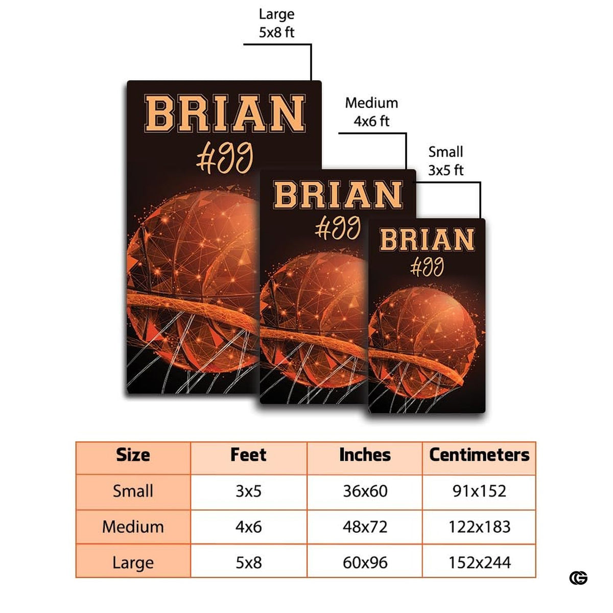 Dimension comparison chart displaying multiple size formats for this basketball area rug. - image 2 of 7