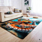 Top-down overhead view of rectangular realistic giant octopus ocean living room area rug - thumbnail image 7 of 7