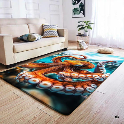 Top-down overhead view of rectangular realistic giant octopus ocean living room area rug - thumbnail image 7 of 7