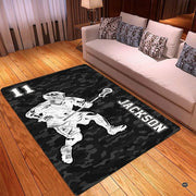 Sunlit bedroom corner displaying the urban camo lacrosse athlete rug - thumbnail image 6 of 9
