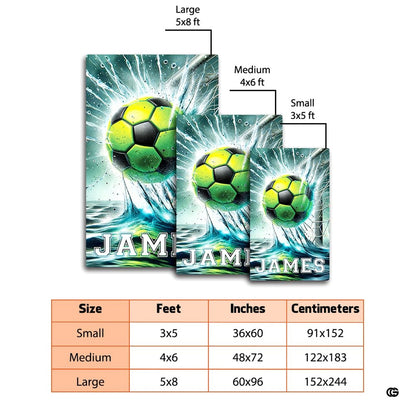 Detailed view of soccer ball hitting net with dramatic turquoise water splash graphics on an area rug. - thumbnail image 2 of 8