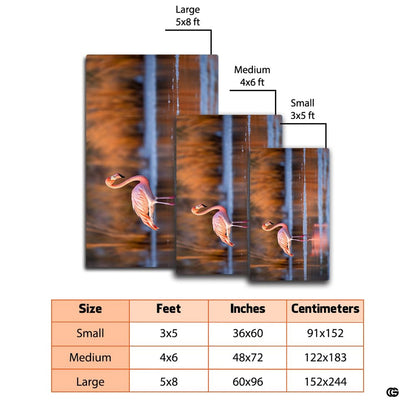 Artistic detail of a pink flamingo walking across water ripples on an elegant area rug. - thumbnail image 3 of 7