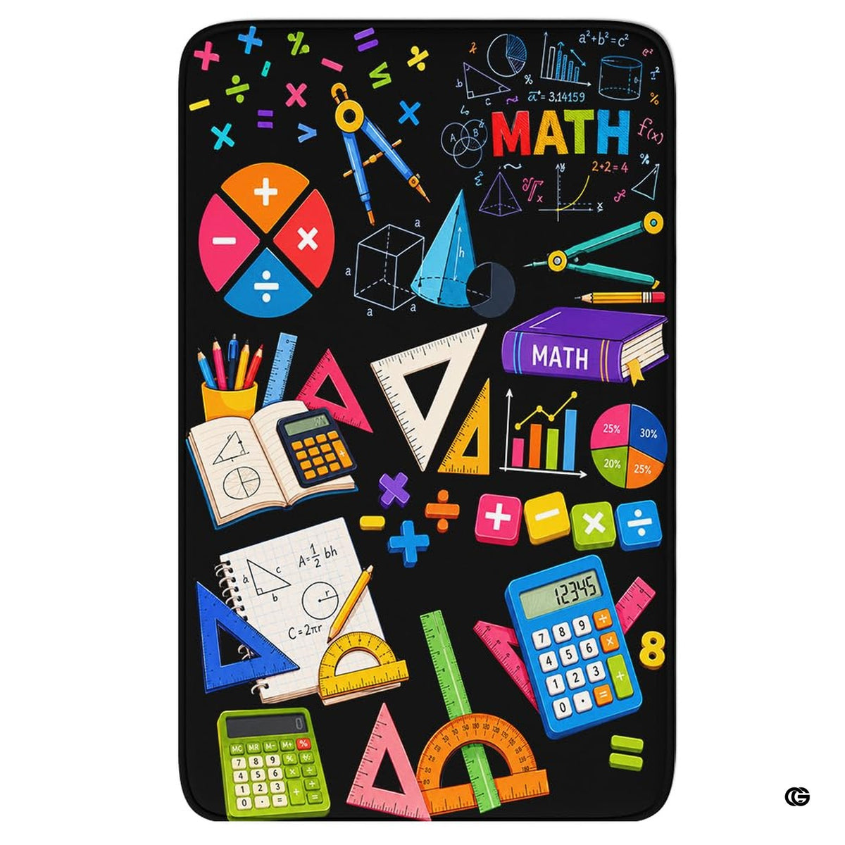 Math classroom geometry tools educational rectangular area rug on black background.