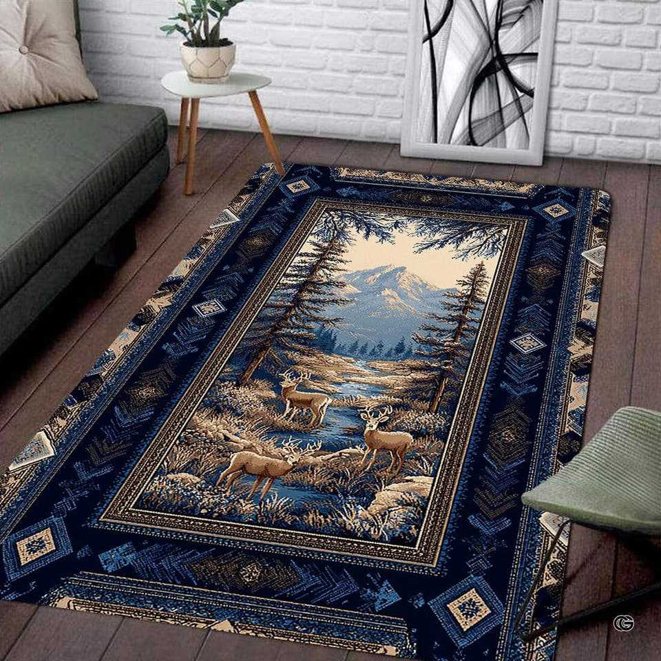 Rustic lodge deer scene area rug displayed in a cozy wood cabin living room setting.