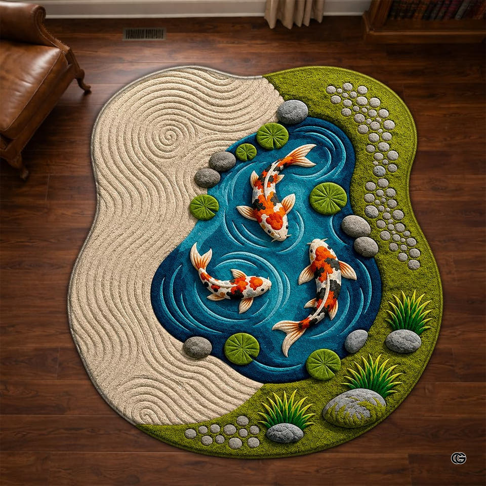 Japanese zen garden koi pond swimming fish area rug - primary perspective