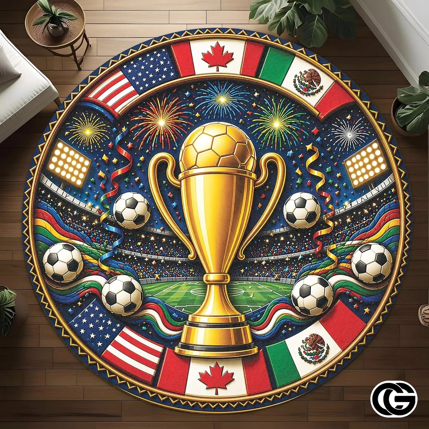 Custom Soccer Round Rug with Championship Trophy and World Flags - D7