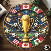 Custom Soccer Round Rug with Championship Trophy and World Flags - D7