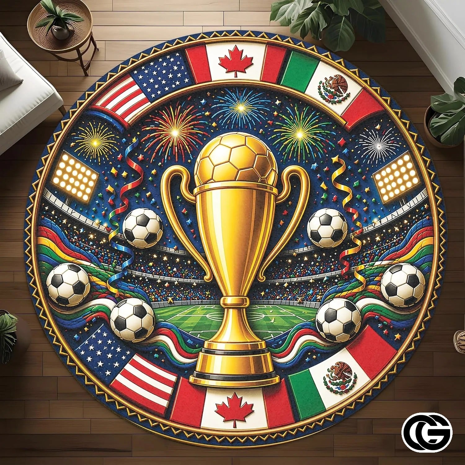 Custom Soccer Round Rug with Championship Trophy and World Flags - D7