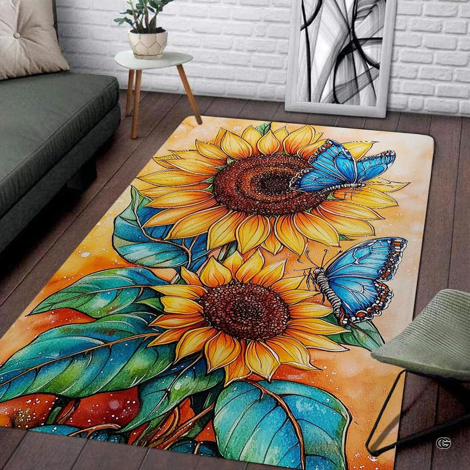 Blue butterfly mat showing bright azure wings resting on golden sunflowers with amber watercolor hues.
