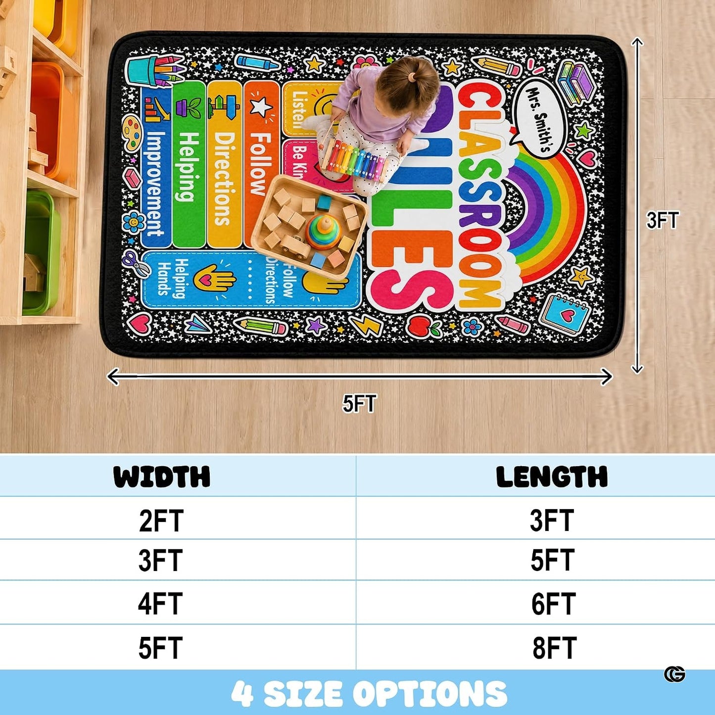 Personalized Teachers Classroom Rug, Custom Teacher Name Classroom Rules Area Rug, Feeling Chart Calming Corner Mat, Kindergarten Educational Back to School Class Decor (D7)