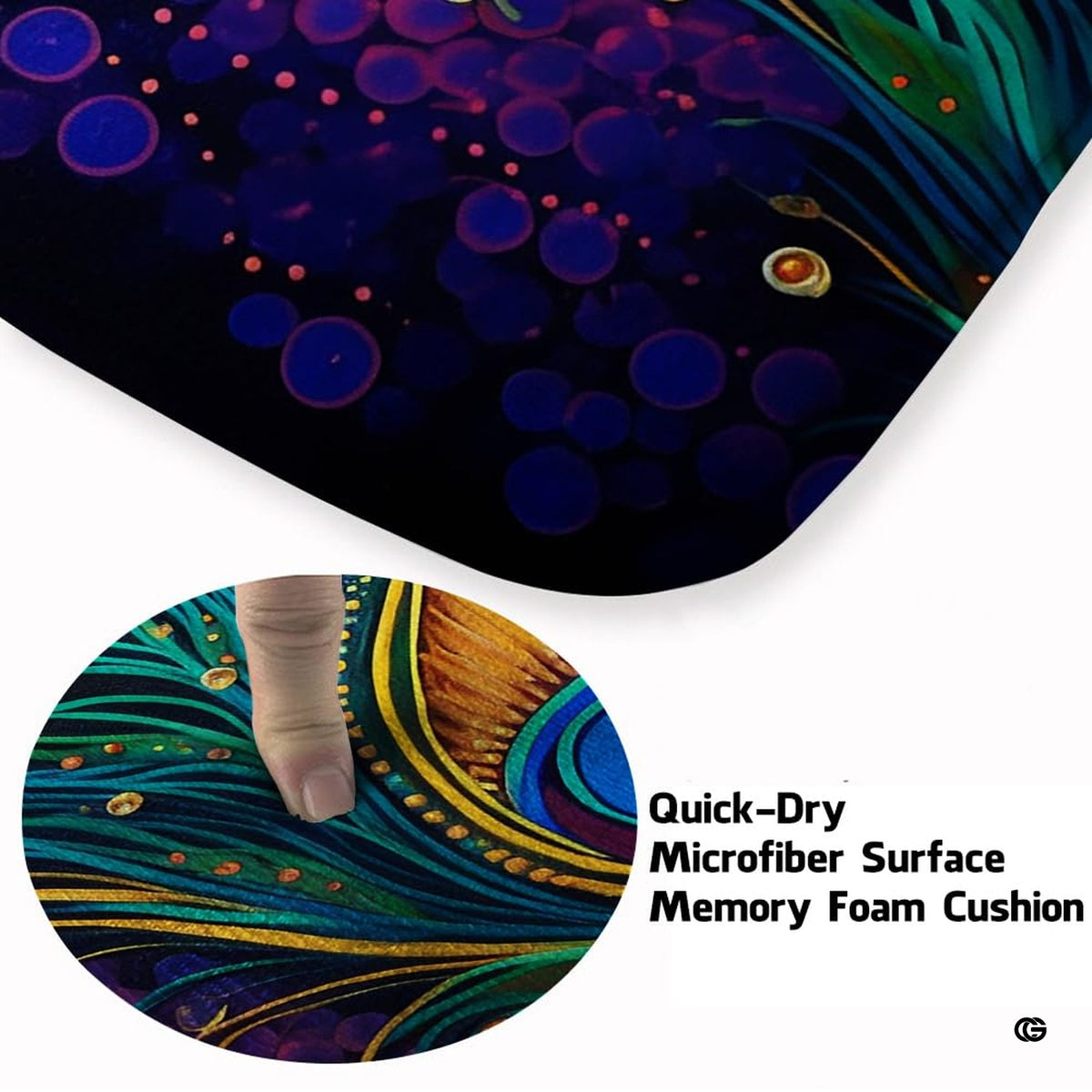 Closeup view of the soft microfiber surface and luminous peacock feather artwork